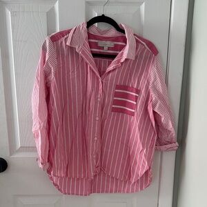 LOFT Pink & White Striped Collared Button-Down